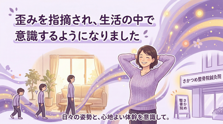 「歪みを指摘され、生活の中で意識するようになりました」～体の歪みと腰痛が改善した77歳女性