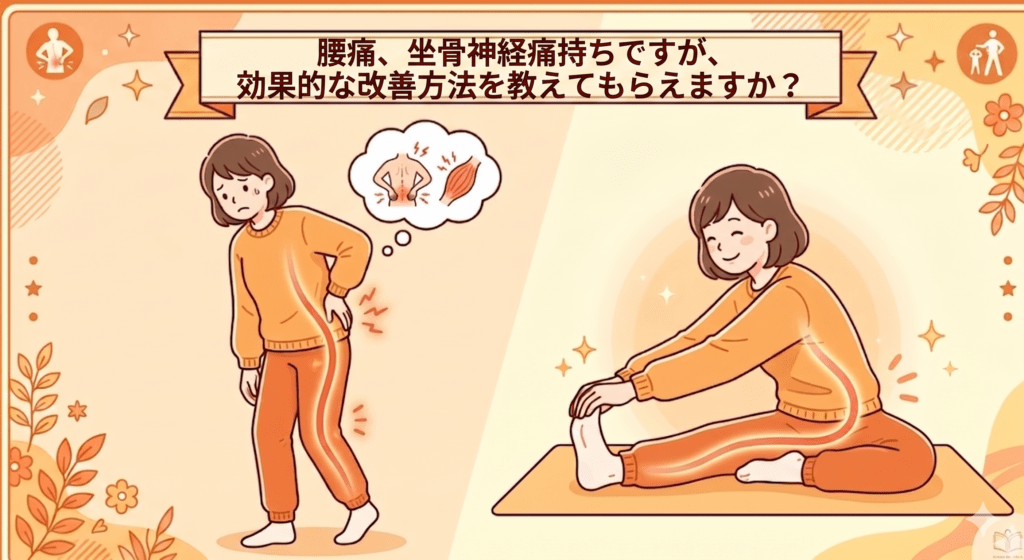 腰痛、坐骨神経痛持ちですが、効果的な改善方法を教えてもらえますか？