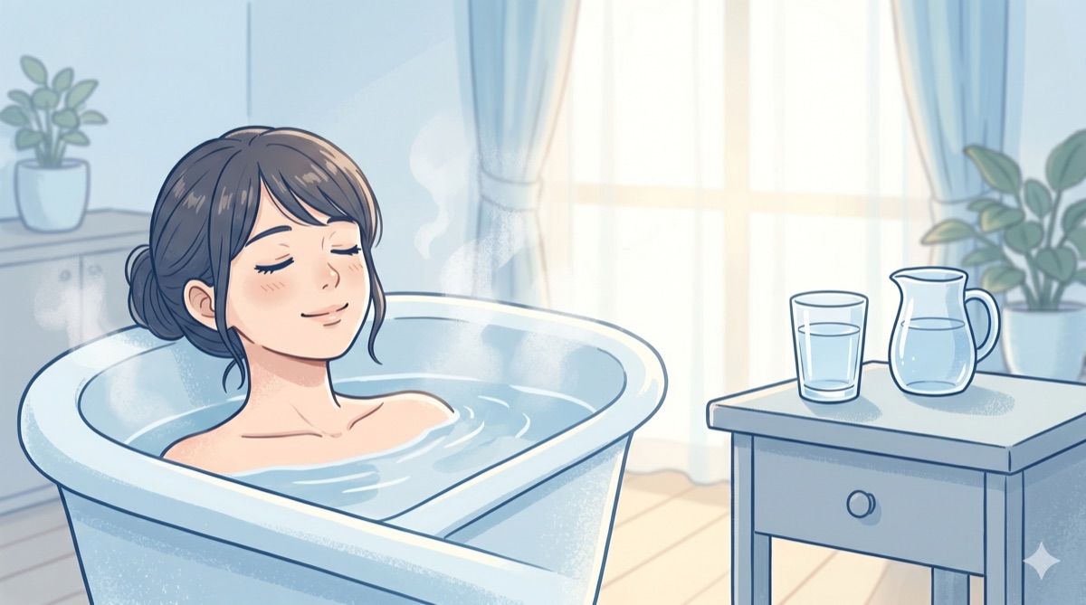 湯ぶねにつかって股関節を温めてリラックスする女性