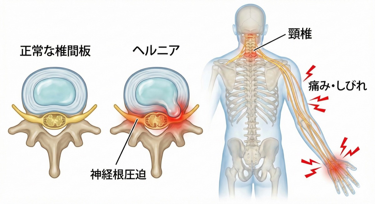 正常な椎間板とヘルニアの比較、頸椎ヘルニアによる神経根圧迫と腕のしびれの解説図