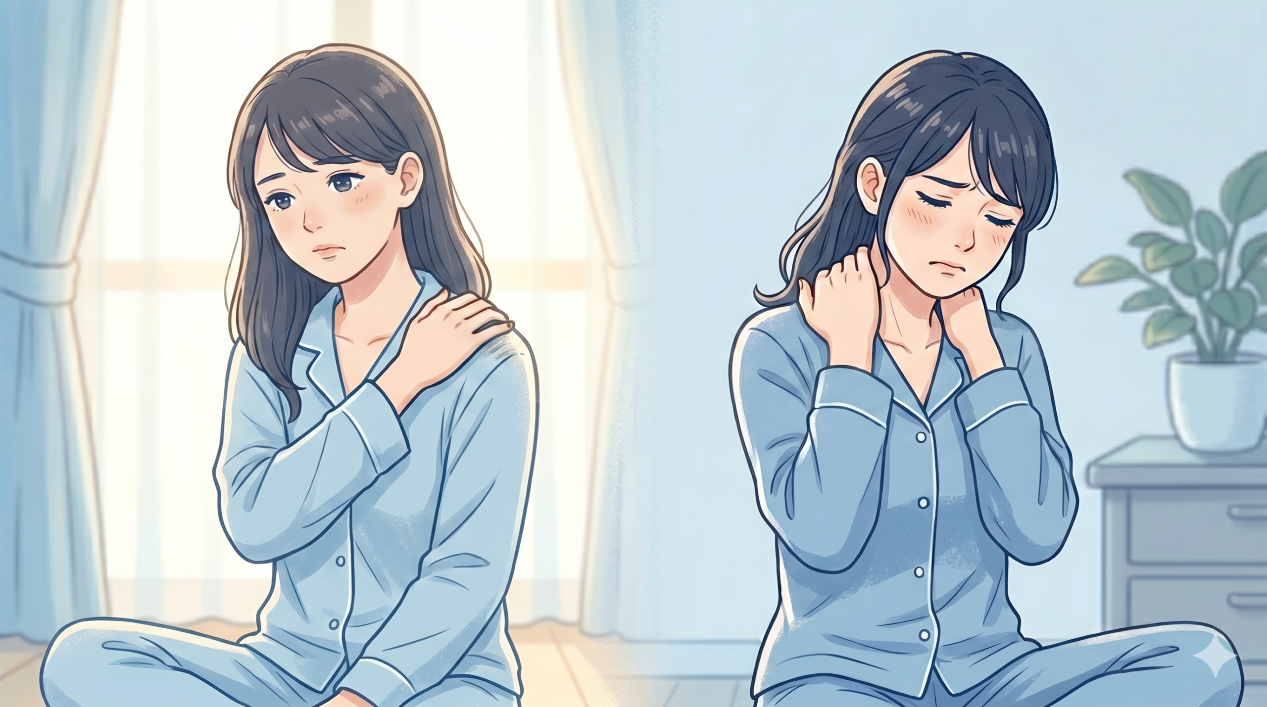 肩や首の痛みに悩む女性のイラスト