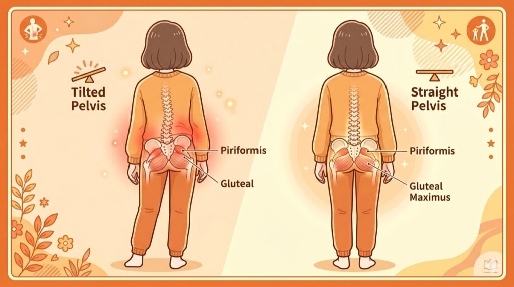 骨盤の傾きとお尻の筋肉（梨状筋・大殿筋）の解説図