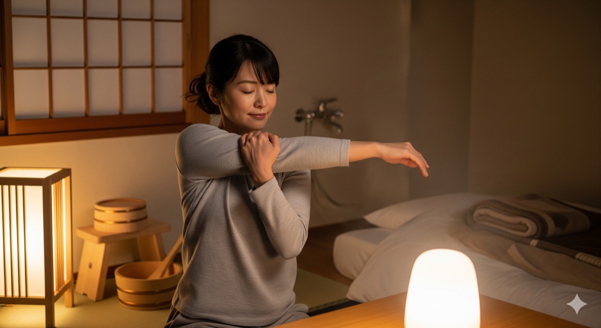 寝る前に肩のストレッチをする女性