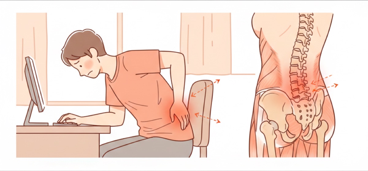 デスクワークで腰痛が悪化する仕組みの解説図