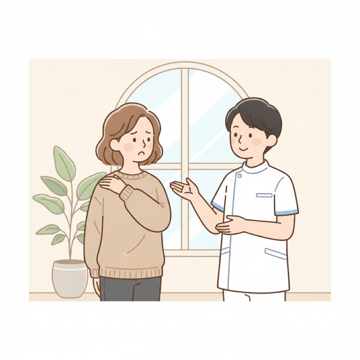 肩の不調を施術者に相談する女性