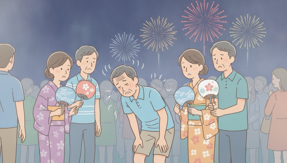 夜の花火大会の人混みで気分が悪くなっている中年男性のイラスト