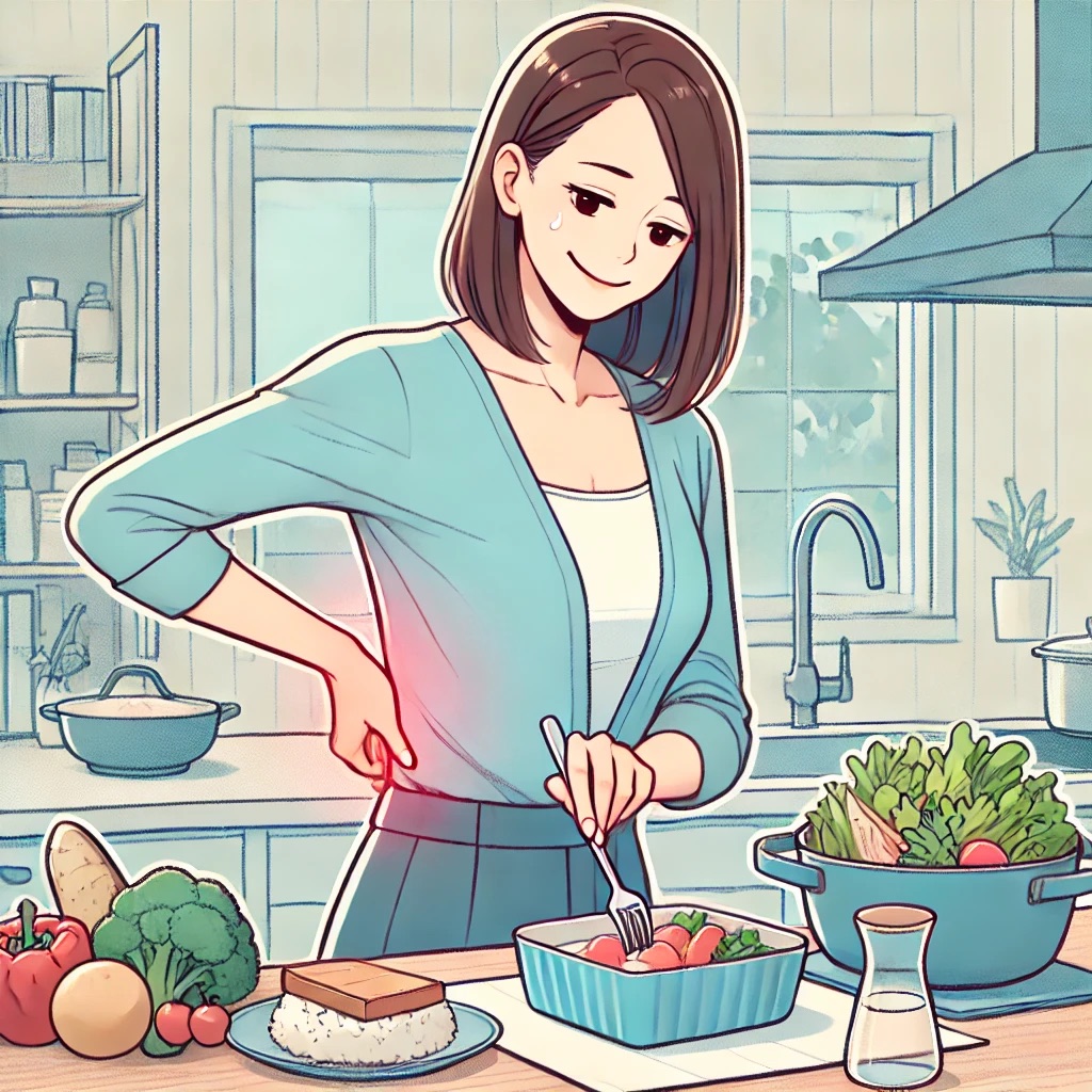 立ち仕事中に腰の痛みを気にする女性