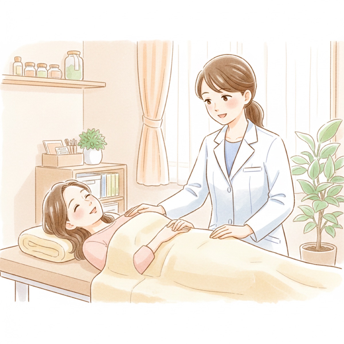 整骨院で腰の施術を受ける女性のイラスト