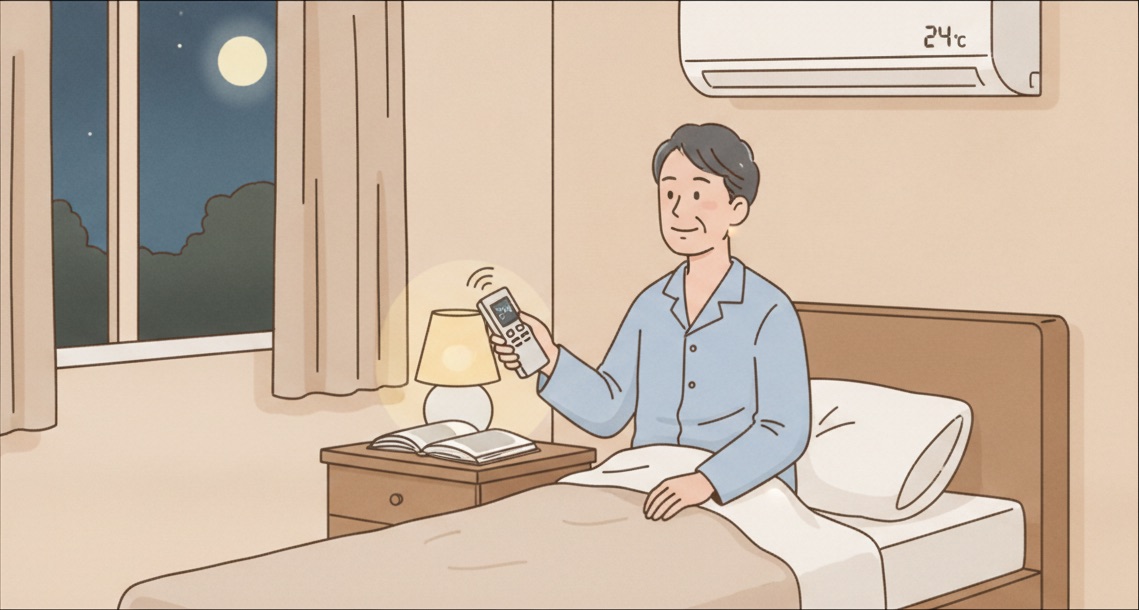 寝室でエアコンを調整して眠る準備をする男性のイラスト