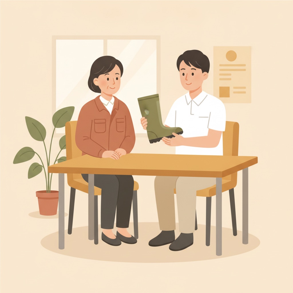 患者さんが持参した安全靴を確認している場面のイラスト