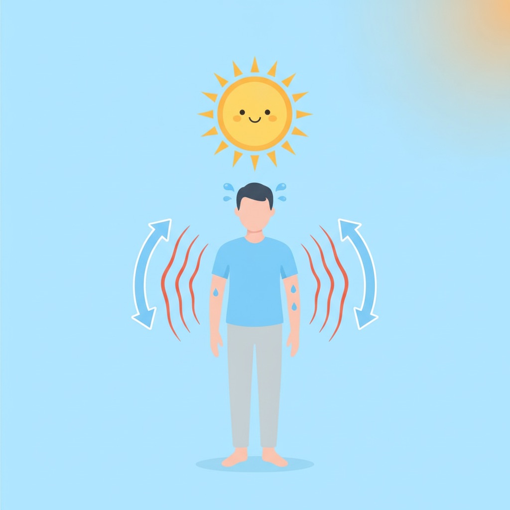 夏の暑さの中で汗をかいて体温調節をしている身体のイラスト