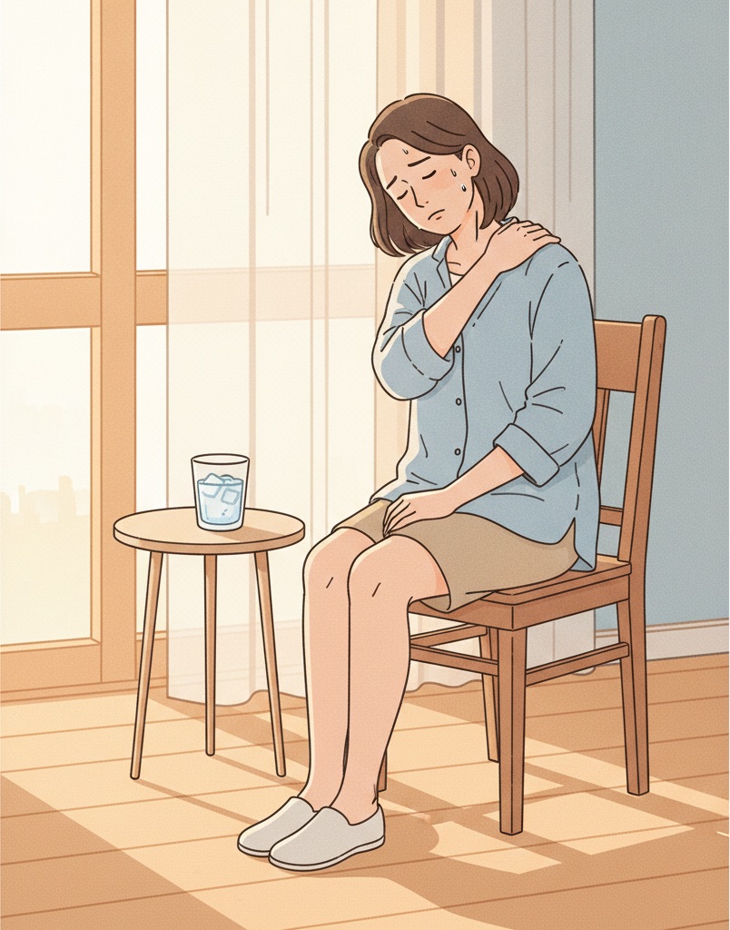 夏バテで疲れて肩に手を当てている女性のイラスト