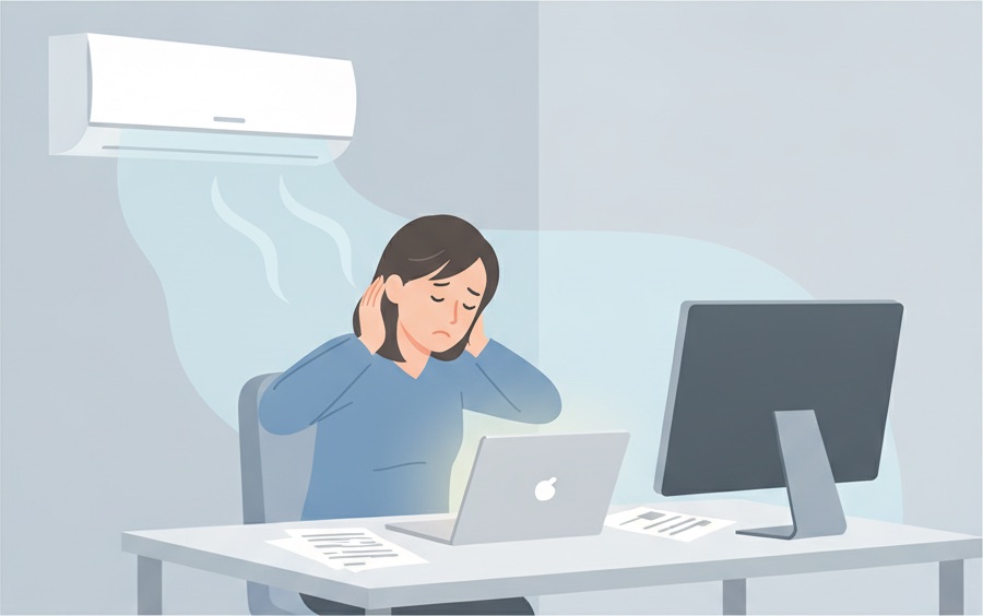 冷房の風が当たるオフィスで体を縮こめてパソコン作業をする女性のイラスト