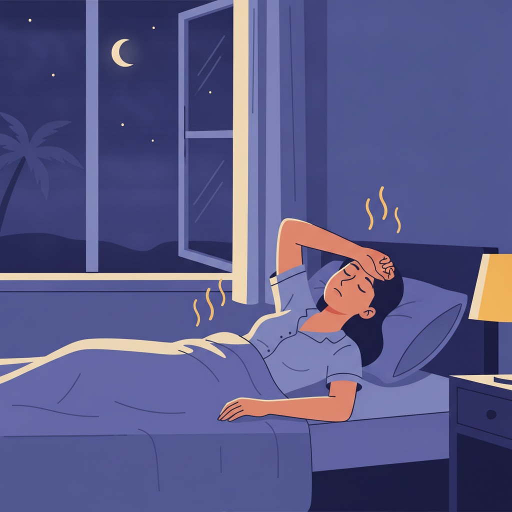 暑い夜に寝つけずベッドで目を開けている女性のイラスト