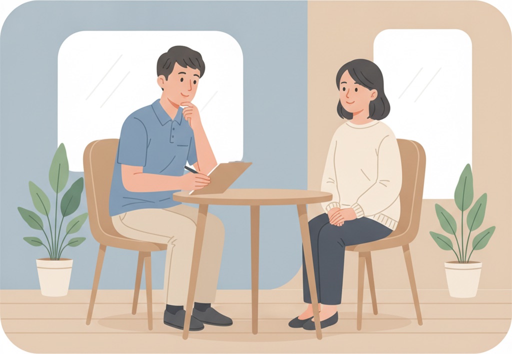 施術者が患者さんの話を丁寧に聞き取っている問診のイラスト