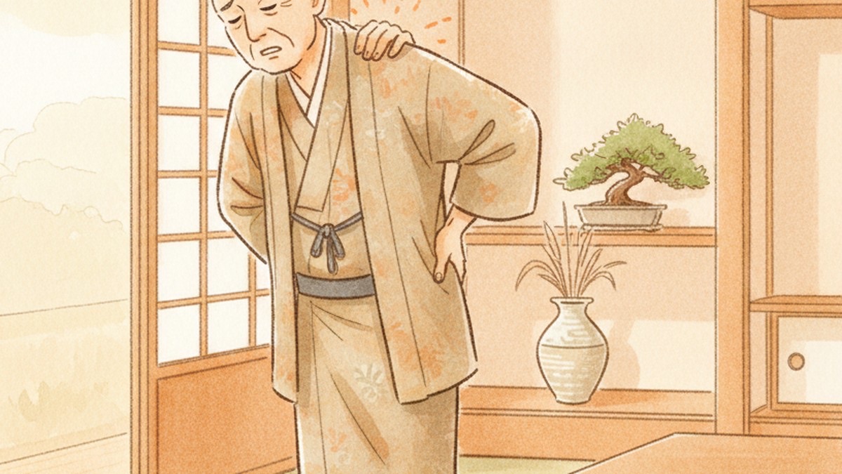 背中と腰に手を当てる高齢の男性（移動する痛み）