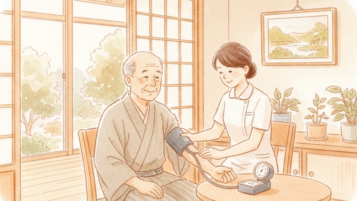 血圧を測ってもらう高齢の男性