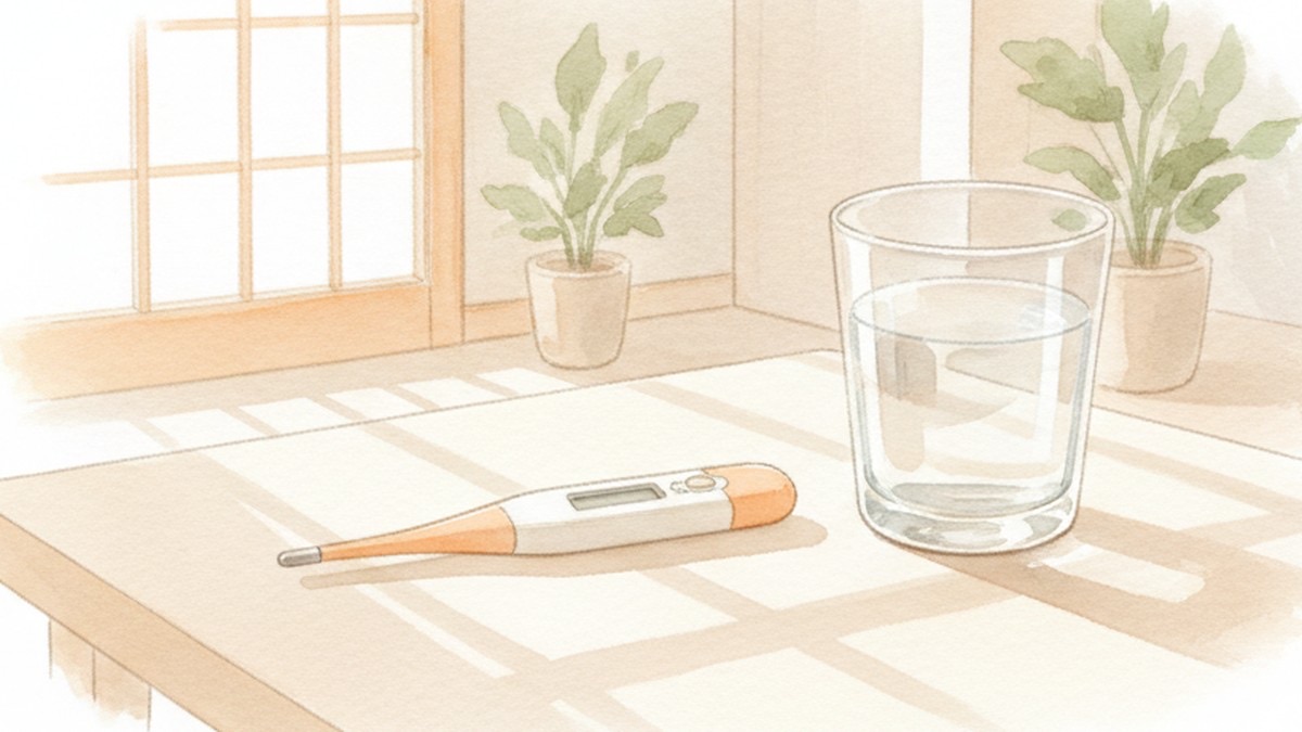テーブルの上の体温計とコップ