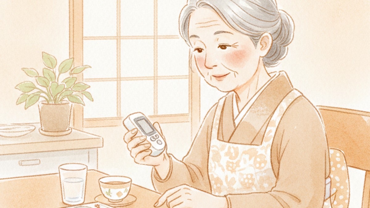 血糖値を測る高齢の女性