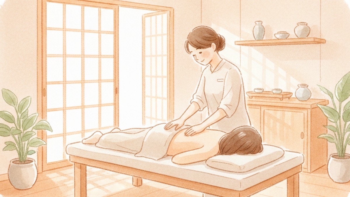 うつ伏せの患者の腰を軽くたたいて確認する施術者