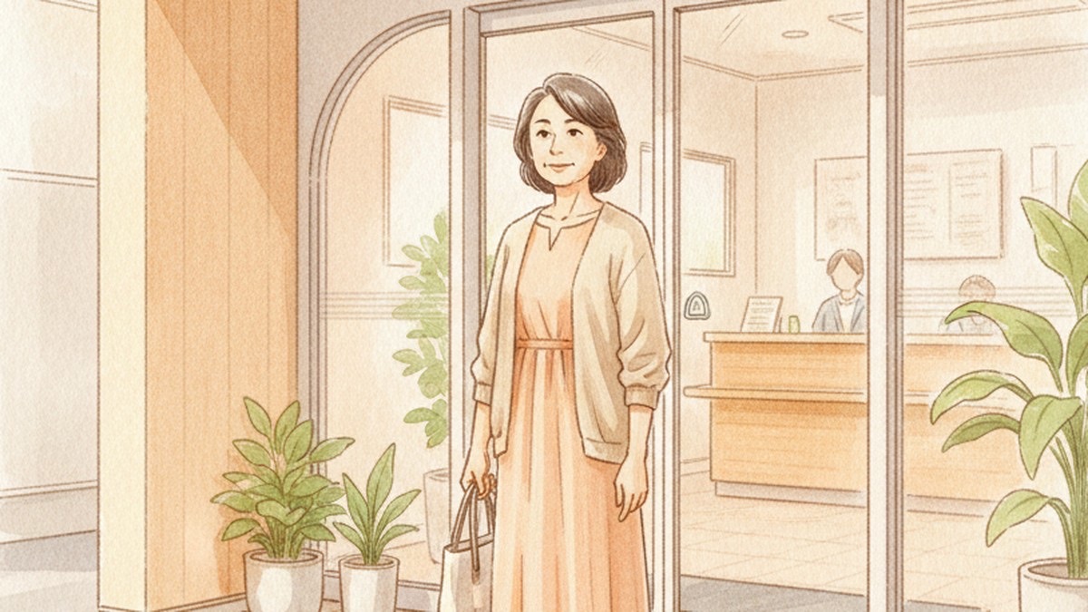 病院の入口に立つ女性