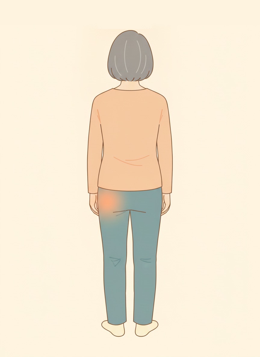 伸びるのは左のお尻の外側(後ろ姿で色をつけた部分)