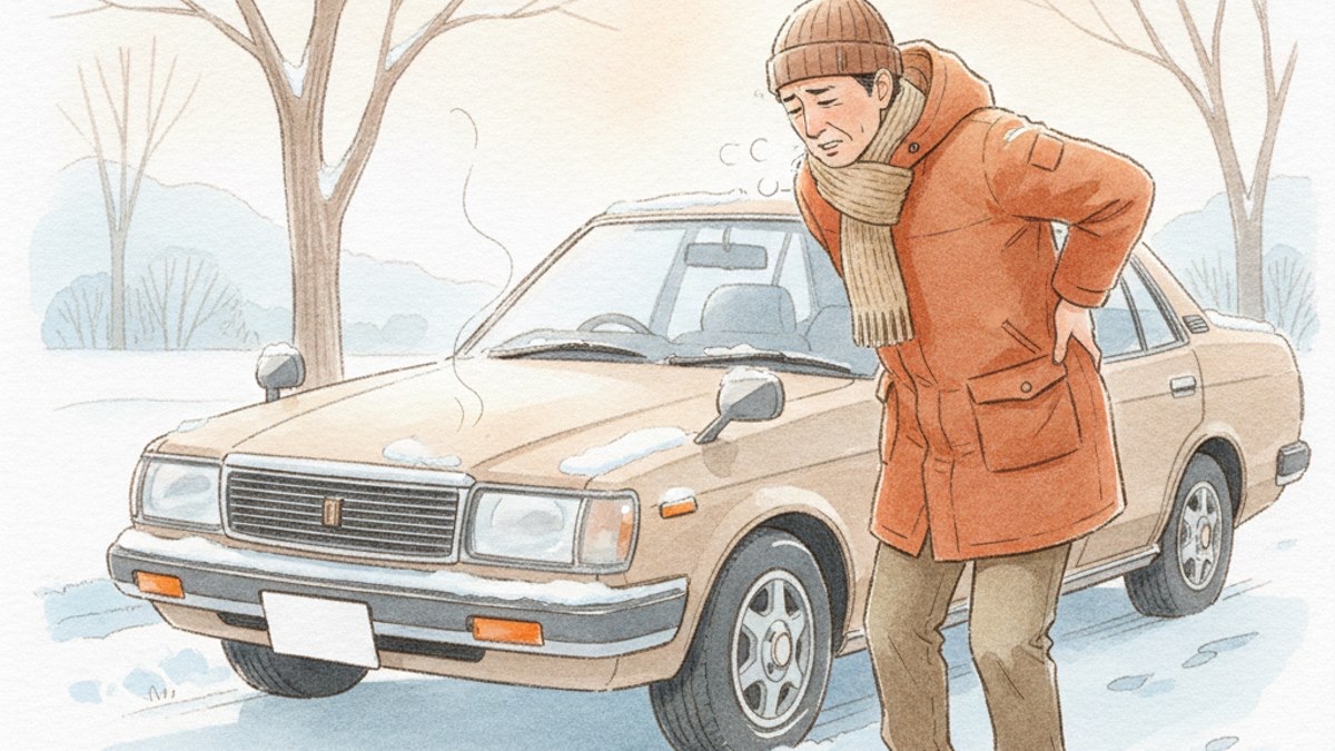 雪の朝、車の横で体を丸めて腰を押さえる男性