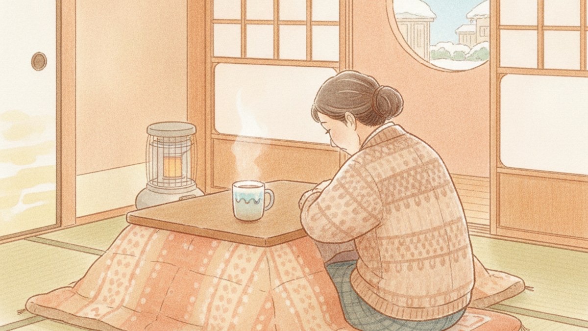 こたつで背中を丸めて座る女性