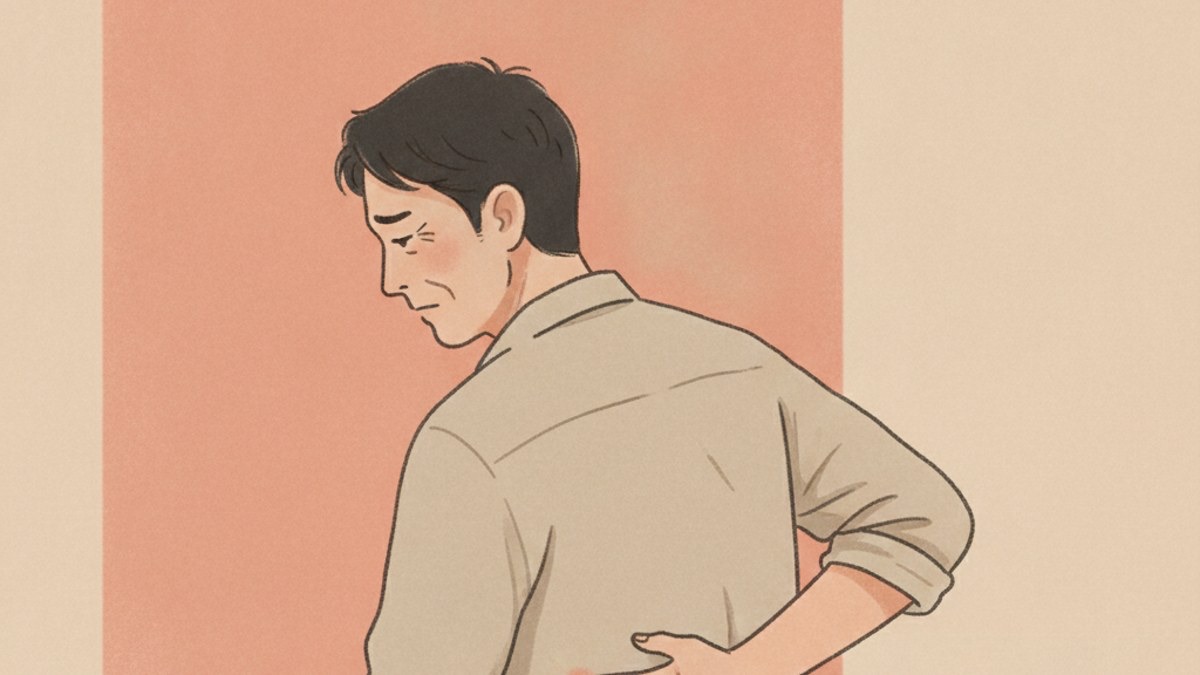 背中の肋骨の1か所を指で押さえる男性
